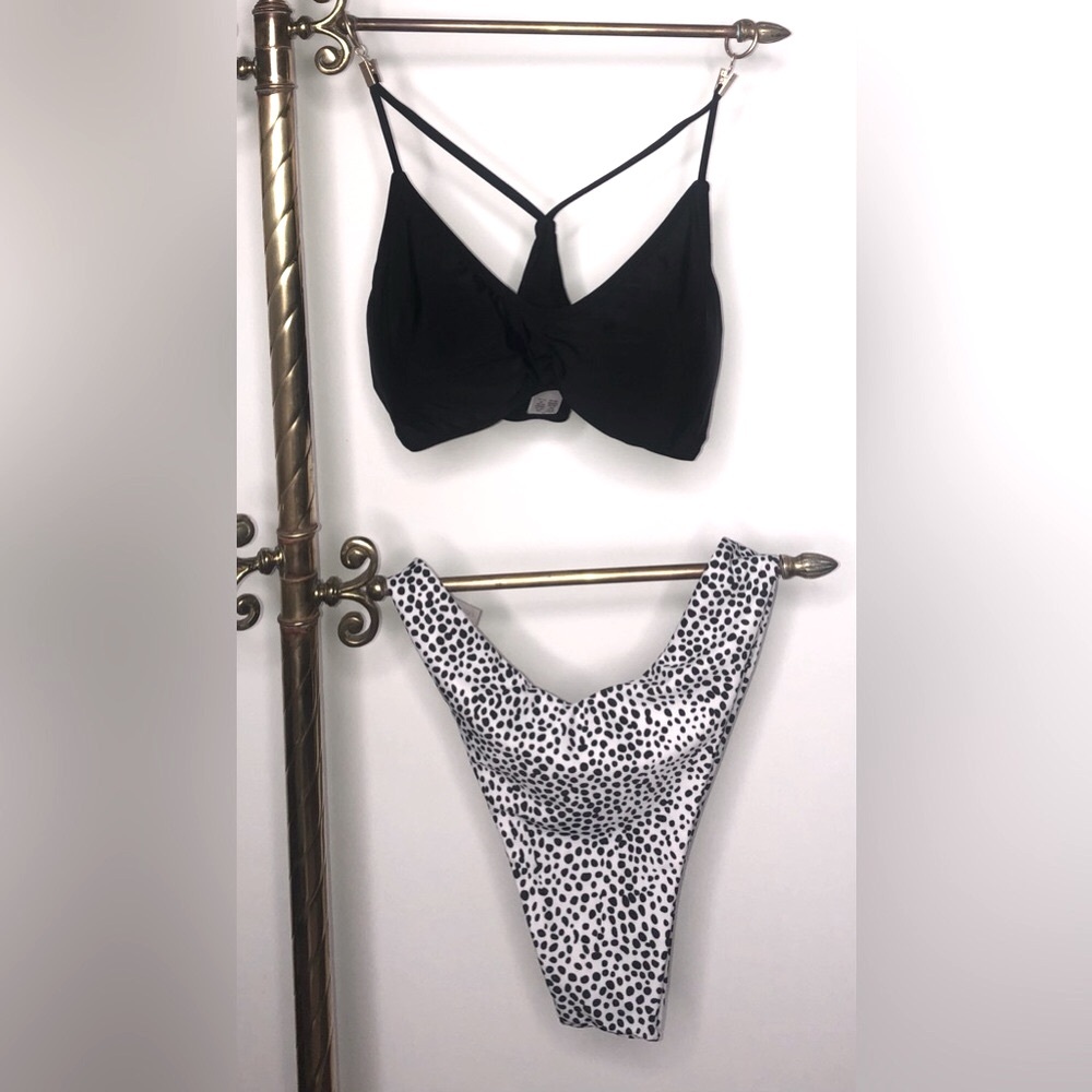 Zaful Bikini 2 piece swimsuit Racerback Black top White Black dot bottom…